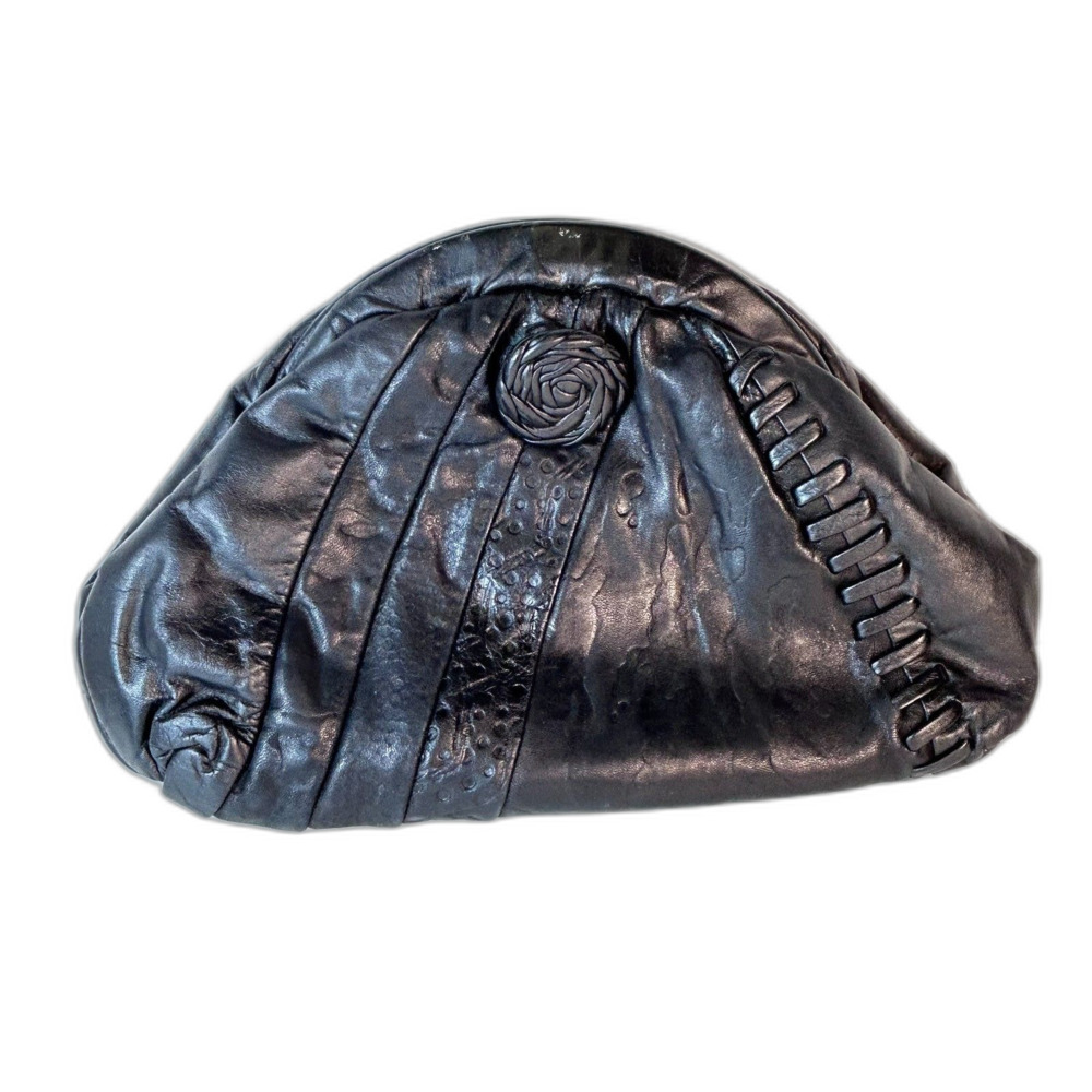 Vintage 80s Black Soft Leather Rose Embossing Lacing Detail Shoulder Clutch Bag